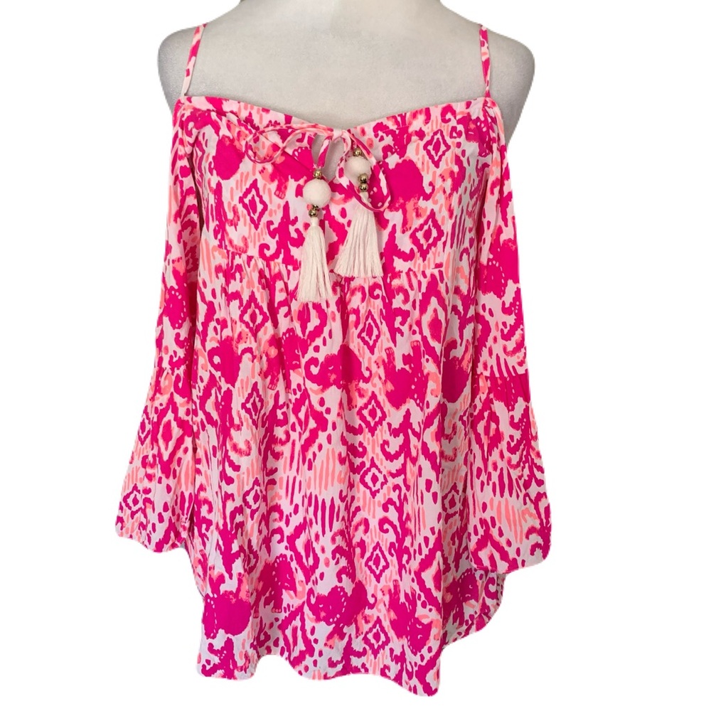 Lilly Pulitzer XS Hot Pink Cold Shoulder Tassel Alanna Top Resort Vacation Beach